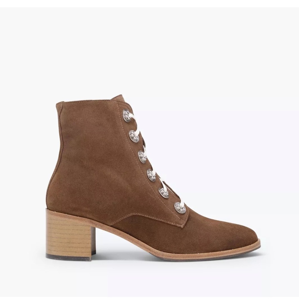Freda Salvador Ace Lace Up Ankle Bootie Heel Brown Suede Leather Studded 5.5